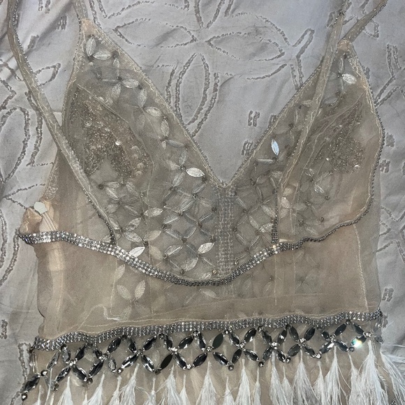 Short Feather Cocktail Backless Spaghetti Crystal Beads Mini Evening Gown - Picture 4 of 14